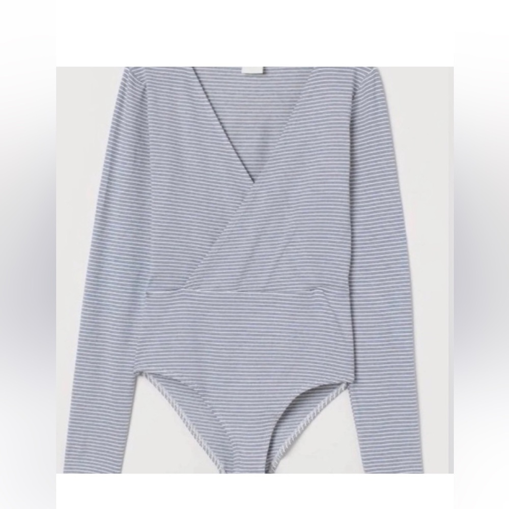 H&M Blue Striped Deep V Crosd Over atop Bodysuit SZ M